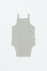 Avauma Lily Sleeveless Bodysuit Sage Flower product shot. Lay-flat of sage green baby romper with subtle floral print on a white background.